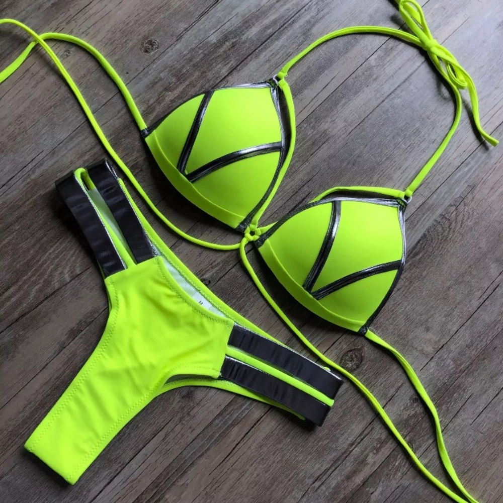 Neon yellow padded push up strappy bikini set